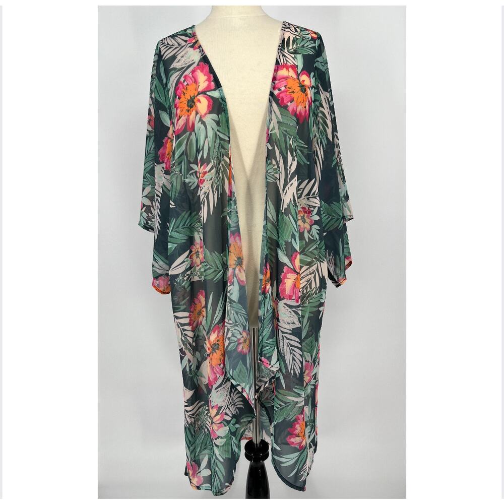 Mary and Mabel Kimono Top Cover Tropical Floral S/M Green Pink Open Sheer Long